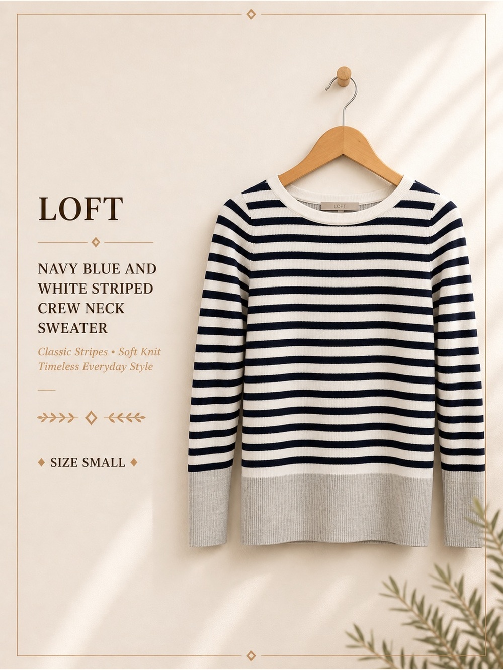 LOFT Navy Blue and White Striped Crew Neck Sweater Small